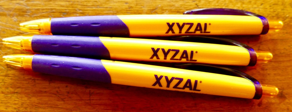 XYZAL Drug Rep PHARMA PENS NOS NEW Lot 3 Stored Yellow Purple Rubber Papermate