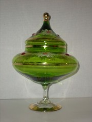 12″ Green Apothecary Jar Canister Circus Tent Lid Vtg Hand Blown Xmas Poinsettia