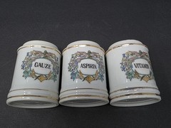 Vintage Porcelain Apothecary Medicine Jar Set Salts Cologne Gauze Perioxide