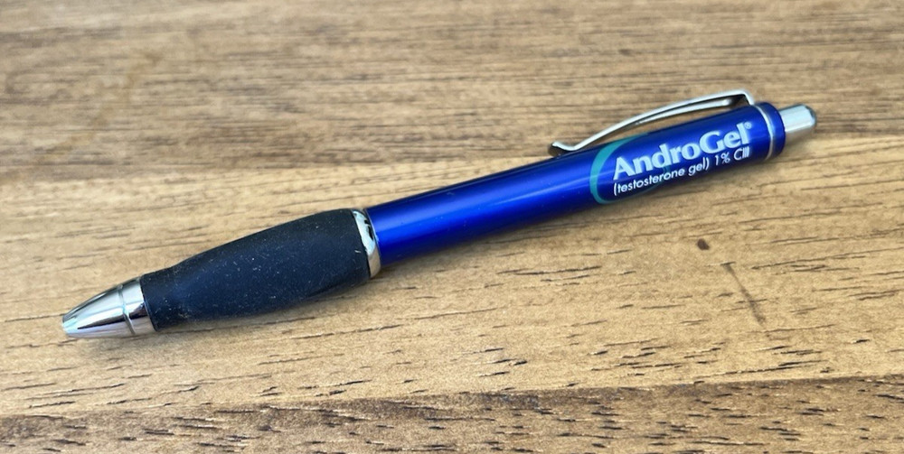 AndroGel Heavy Metal Blue Click Style „Gel“ Ink Pen Doctor Office Giveaway RARE