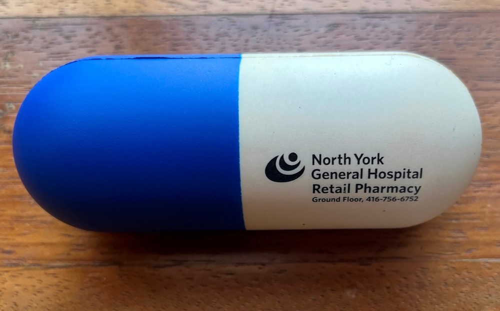 very rare 1970s North York General Hospital foam capsule hand squeezer pharma