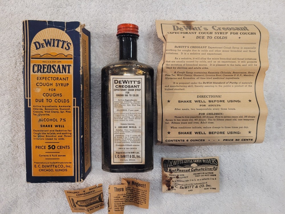 Vintage DeWitt’s Creosant Cough Syrup Bottle w/ Box Insert Paperwork Pharmacy Ad