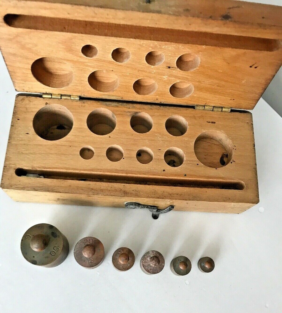 1920-30’s E.H.SARGENT ANTIQUE APOTHECARY BRASS WEIGHTS HINGED WOOD BOX SET